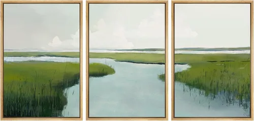 Miniatura 52 de SIGNWIN Lienzo enmarcado para pared, juego de arte sereno de pantanos con humedales verdes e ilustraciones de agua tranquila, arte moderno