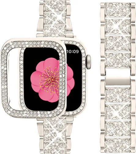 Miniatura 8 de SUPOIX - Correa compatible con Apple Watch de 1.49 pulgadas + funda, joyería para mujer con diamantes brillantes, bandas de metal y 2