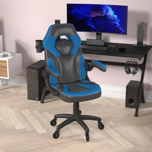 Miniatura 5 de Flash Furniture X10 - Silla de juegos de carreras, oficina, computadora, silla ajustable con brazos abatibles y ruedas de rodillo transparentes, Azul