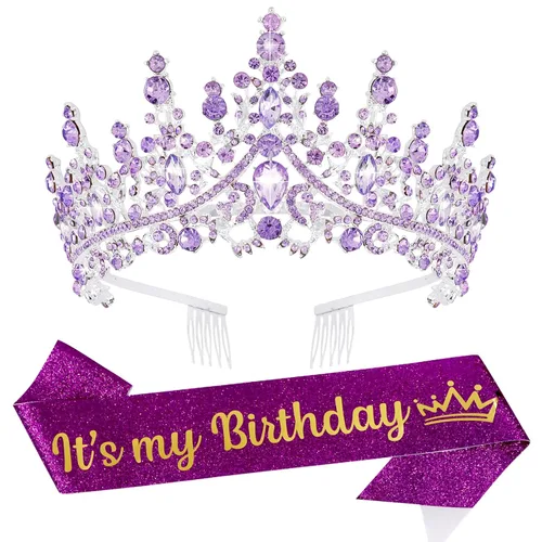 Miniatura 12 de VELSCRUN Tiara de cumpleaños de cristal azul para mujeres y niñas, banda "It's My Birthday", corona de princesa reina con peines, decoraciones