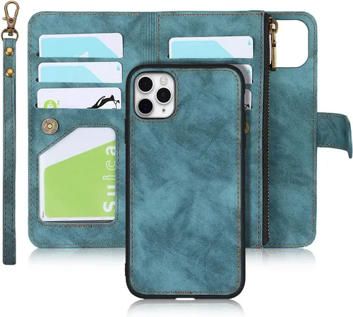 iCoverCase Funda tipo cartera para iPhone 11 Pro Max con tarjetero y correa para la muñeca, de piel sintética, ranuras para tarjetas, bolsillo con