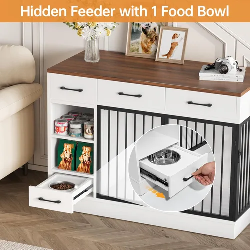 Miniatura 3 de Jaula para perros con comedero oculto y 3 cajones de almacenamiento - Jaula de madera para perros de 47.2" para interiores con estante ajustable