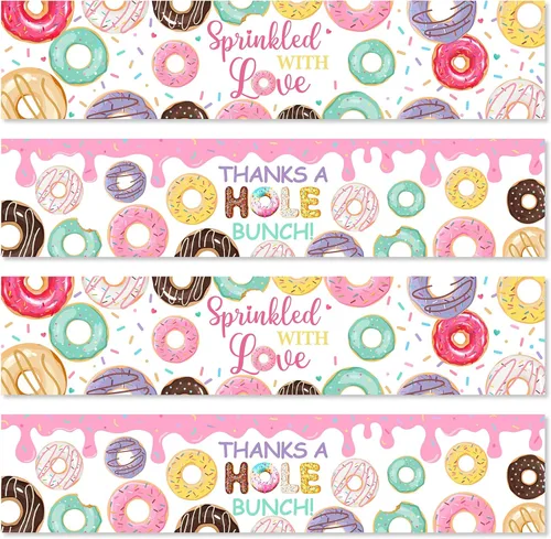 Donut Baby Shower - Etiquetas para botellas de agua, 28 unidades, decoraciones de fiesta de donas para botellas de agua y vino, etiquetas adhesivas