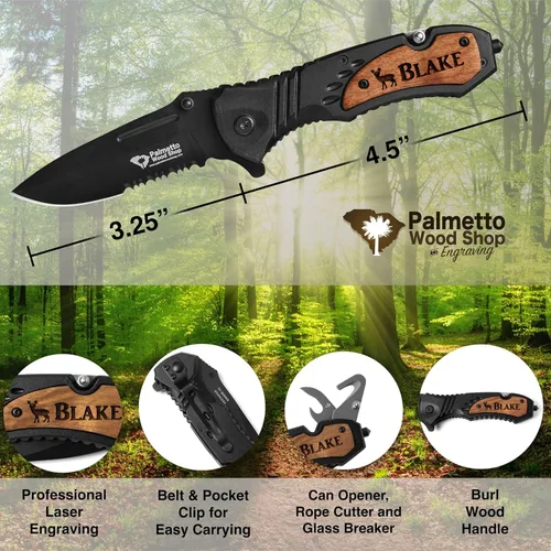 Miniatura 2 de Cuchillo de bolsillo personalizado de Palmetto Wood Shop - Cuchillo de bolsillo grabado con láser, regalo para hombres, cuchillo personalizado