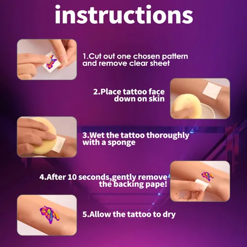 Miniatura 6 de 20 hojas de tatuajes temporales de brillo reactivo UV, neón UV luz negra reactiva lindos tatuajes adhesivos, flores impermeables suministros