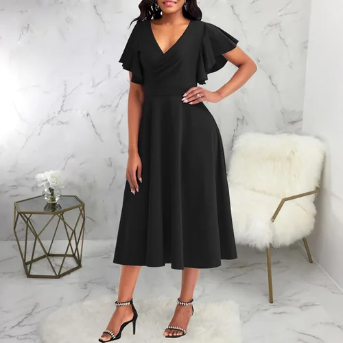 Miniatura 7 de shengfan Vestido largo de verano de manga corta para mujer, estilo casual, cuello en V profundo, vestido largo acampanado para fiesta de club