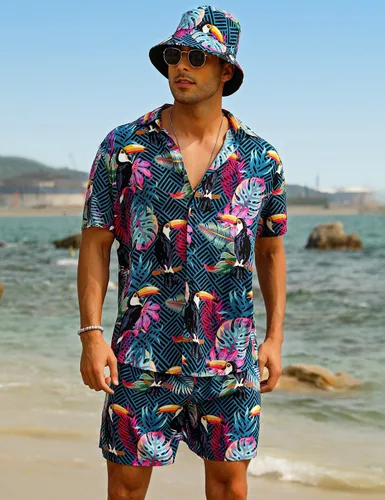Miniatura 2 de EISHOPEER Conjunto hawaiano de flores para hombre, camisa de manga corta y pantalones cortos, trajes con sombreros de pescador