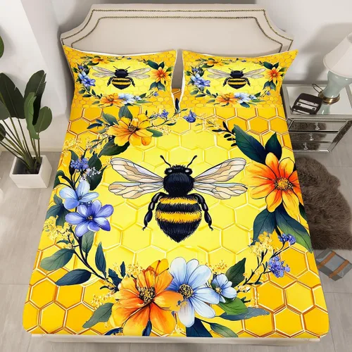 Miniatura 7 de Erosebridal Honey Bee - Juego de sábanas bajeras negras y doradas, tamaño individual, diseño geométrico de panal de abeja para niños y niñas, funda