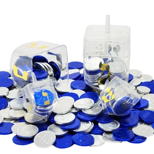 Miniatura 6 de The Dreidel Company 2 paquetes de Dreidel rellenos con monedas de Hanukkah Gelt azules y plateadas, 10 monedas de Hanukkah Gelt por Dreidel, total