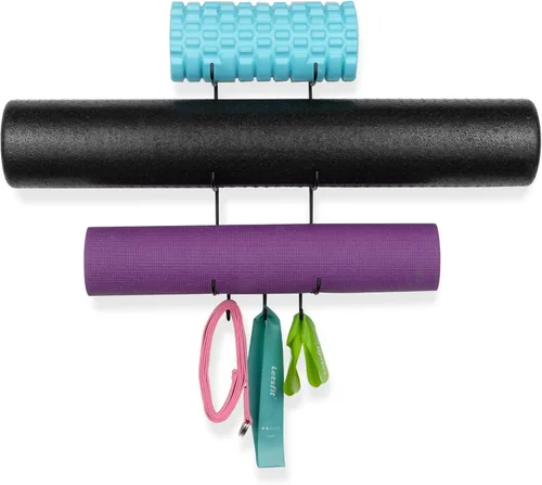 Miniatura 3 de Wallniture Guru - Rodillo de espuma y toallero de pared con 3 ganchos para colgar correa de yoga y bandas de resistencia, metal de 3 secciones Negro