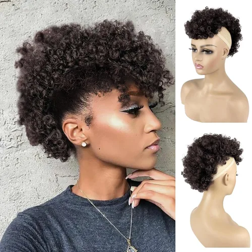 UA Jerry Curls Mohawk - Cola de caballo sin cordón con flequillo, sintético, corto, afro, rizado, 6 clips BB (2#, negro natural)