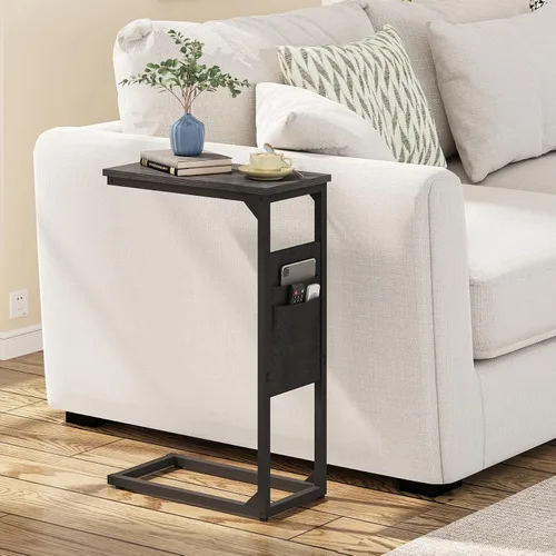 Miniatura 2 de TUTOTAK - Mesa auxiliar en forma de C, mesa lateral para sofá, mesa de sofá con bolsa de almacenamiento, bandeja para TV para sala de estar, Negro