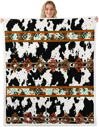 Miniatura 42 de Erosebridal Manta de forro polar de piel de vaca con estampado de leopardo marrón, manta occidental de 50 x 60 pulgadas, manta con estampado de vaca