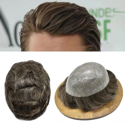 Miniatura 8 de Toupee para hombres pieza de pelo suave poli piel real sistema de cabello humano para hombre tupé durable PU piezas de pelo para hombres reemplazo