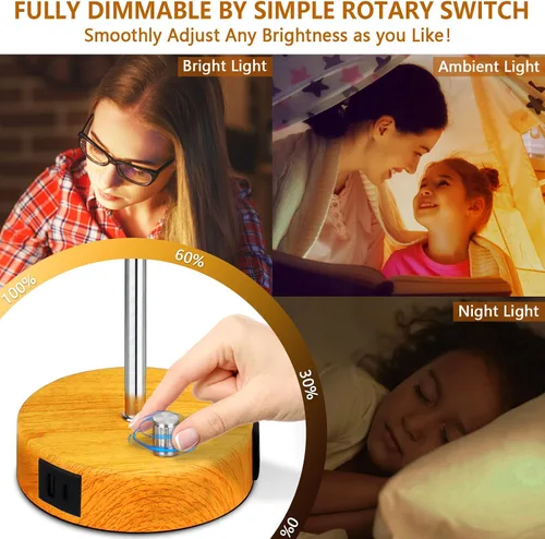 Miniatura 2 de HiBay Lámpara de mesita de noche regulable de 17.75 pulgadas con estación de carga, 2 puertos USB y salida de CA, luz rústica de grano de madera