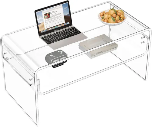 Miniatura 8 de Mesa auxiliar acrílica, mesa auxiliar moderna rectangular negra, mesa de té con almacenamiento abierto, adecuada para sala de estar, recepción
