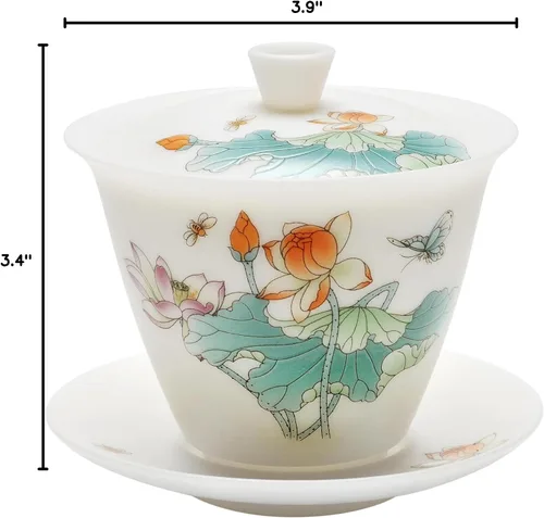Miniatura 7 de Juego de porcelana blanca de jade hielo Gaiwan, delgado/sin esmaltar/translúcido/calcomanía China Gongfu Tea Cup Set -QinLian