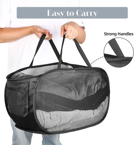 Miniatura 5 de Cestas de lavandería plegables duraderas, cesta de lavandería desplegable de malla con bolsillo lateral, cesta de ropa plegable con asas de 2 x negro