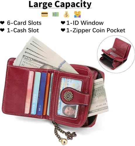 Miniatura 2 de Cartera pequeña para mujer, de piel, plegable, compacta, con bloqueo RFID, con bolsillo con cremallera para monedas, A01 Rojo Vino, Classic