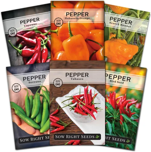 Sow Right Seeds - Colección de semillas de pimiento picante para plantar - Incluye habanero naranja, serrano, tailandés, cayena, tabasco, bonete