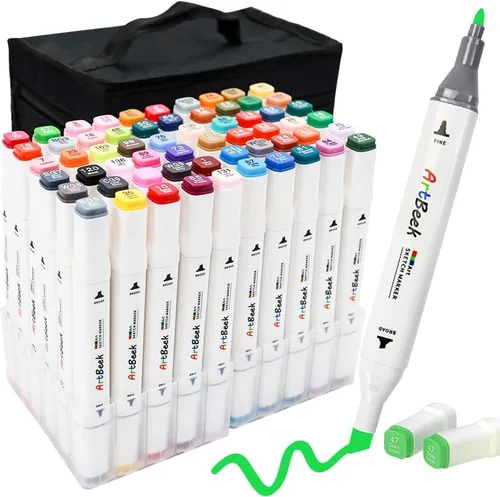 ArtBeek Marcadores de alcohol, 60 marcadores para colorear para adultos, sin sangrado, doble punta (cincel y punta fina)