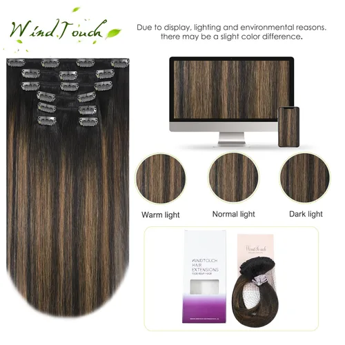 Miniatura 4 de WindTouch Extensiones de cabello humano con pinzas, balayage, color marrón oscuro a castaño con reflejos, para cabello castaño, 12 pulgadas, 2.47