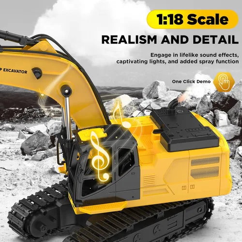 Miniatura 3 de Juguete de excavadora RC de metal 1:18 para niños Vehículo de construcción de control remoto de 11 canales con rociador de agua, luces y sonidos