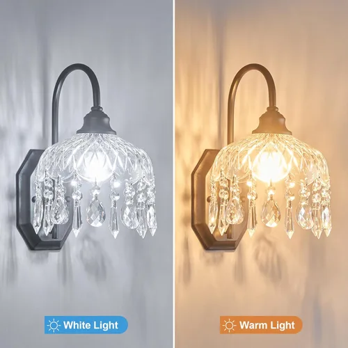 Miniatura 6 de Juego de 2 apliques de pared vintage, apliques de pared de cristal de cristal, acabado negro antiguo cepillado mate, juego de dos para dormitorio