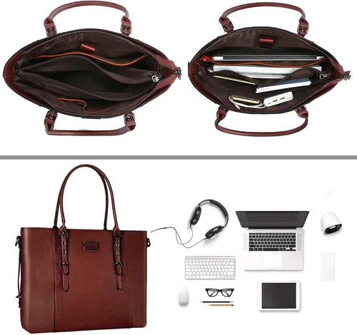 Miniatura 3 de MOSISO Bolso de mano de piel sintética para laptop para mujer (15-16 pulgadas), impermeable, de gran capacidad, maletín de trabajo de negocios