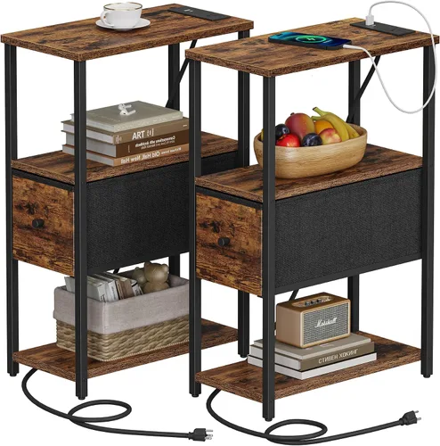 Miniatura 12 de TUTOTAK Mesa auxiliar pequeña y estrecha con LED y estación de carga, mesa lateral con tomas de corriente, mesita de noche con 2 cajones de tela