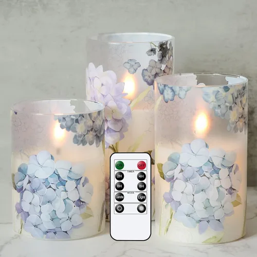 Eldnacele Velas de cristal de hortensias sin llama con control remoto y temporizador, mecha 3D realista parpadeante de cera real LED para ventana,