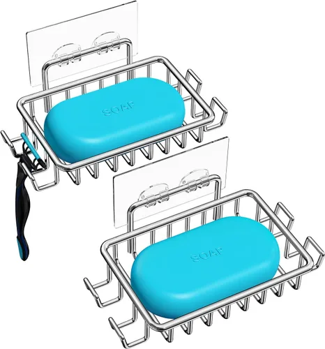 Miniatura 14 de Nieifi Jabonera de barra para pared de ducha con 4 ganchos, jabonera adhesiva de acero inoxidable para baño, color plateado A-Silver