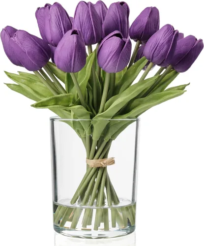 Miniatura 9 de WELL KNOWN 20 piezas tulipanes artificiales en jarrón, tulipanes de color rosa coral de tacto real con jarrón de vidrio y agua falsa, centro de mesa