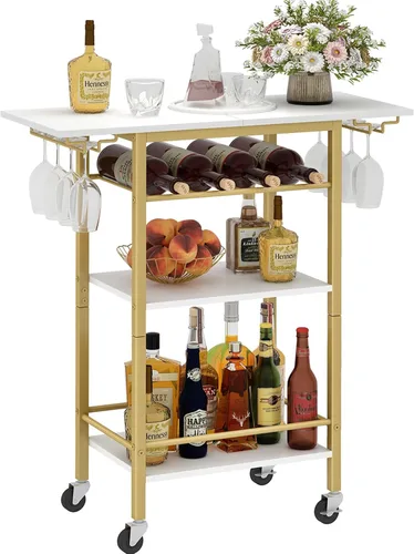 LAATOOREE Carrito de bar, carrito de servicio de bar en casa, carrito móvil de bebidas de 4 niveles, estante de cocina rodante con soporte para vino