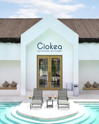 Miniatura 2 de Ciokea Silla de Descanso para Exteriores, Tumbona de Gran Tamaño con 5 Posiciones, HDPE, Silla de Descanso de Patio con Ruedas y Portavasos para Gris