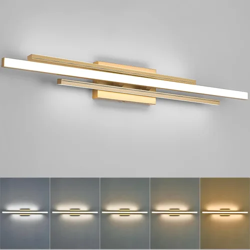 Miniatura 9 de VitaLink Lámpara de tocador dorada, 24 pulgadas, moderna lámpara de pared de baño sobre espejo de tocador, 2 luces cableadas de vidrio blanco