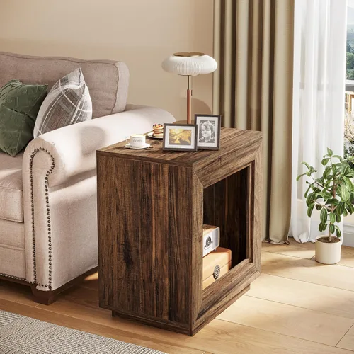 Miniatura 8 de Tribesigns Mesa auxiliar de madera rústica, mesa auxiliar cuadrada de 2 niveles con estante de almacenamiento, mesa auxiliar industrial para sofá