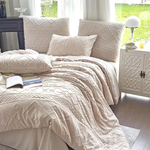 Miniatura 4 de Edredón con Mechones Tamaño King Juego de 3 Piezas Beige Boho Decoración de Dormitorio Estilo Granja para Todas las Estaciones Edredón Tamaño King