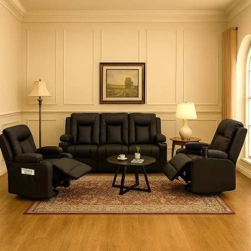 LUCKLIFE Juego de sofá reclinable de cuero con sillones reclinables manuales, juego de muebles de sala con sofá reclinable, sofá biplaza y sillón,