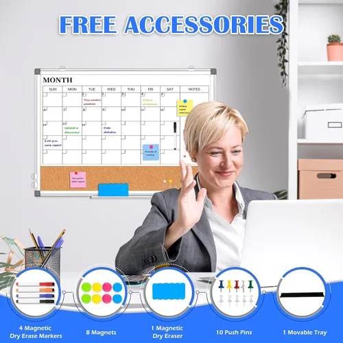 Miniatura 5 de Pizarra Blanca de Calendario Mensual de Borrado en Seco Combinada con Tablero de Corcho para Pared, 24" x 18" Calendario de Pizarra Blanca de Doble