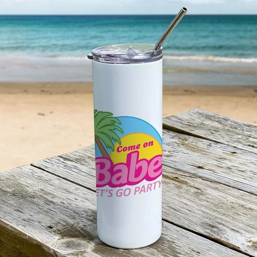 Miniatura 9 de Come On Babe Let's Go Party – Personalizar con nombre – Vaso de viaje de acero inoxidable blanco de 20 onzas con popote – Aislamiento al vacío