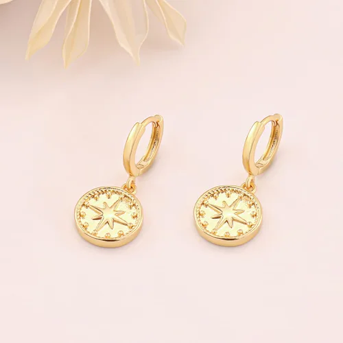Miniatura 4 de Aretes de moneda de oro para mujer, chapados en oro de 14 quilates, aretes de aro delicados con moneda de dije mal de ojo