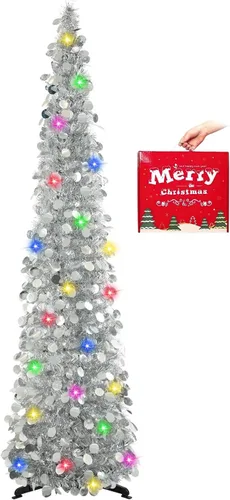 Miniatura 16 de MACTING Árbol de Navidad desplegable con 50 luces LED con temporizador, 5 pies, árbol de lápiz de oropel plegable de fácil montaje, árbol artificial