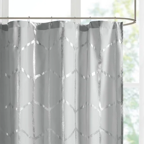 Miniatura 4 de Intelligent Design - Cortina de ducha Raina, estampado geométrico, lavable a máquina, moderna, para el cuarto de baño, estilo metalizado Gris