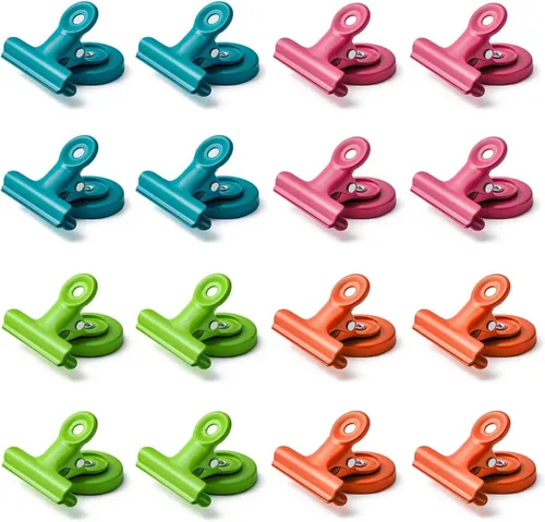 Paquete de 16 clips magnéticos, clips de metal resistentes con imán fuerte para refrigerador y pizarra blanca, suministros coloridos para profesores