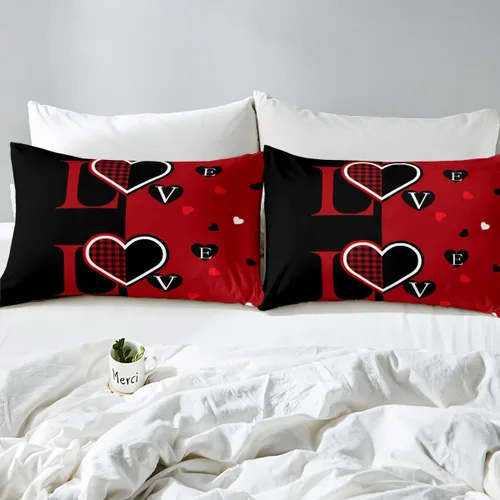 Miniatura 6 de Juego de funda de edredón para parejas, tamaño individual, romántico, amor, señor, señor, señor, señor, mujer, rojo, negro, búfalo, corazón