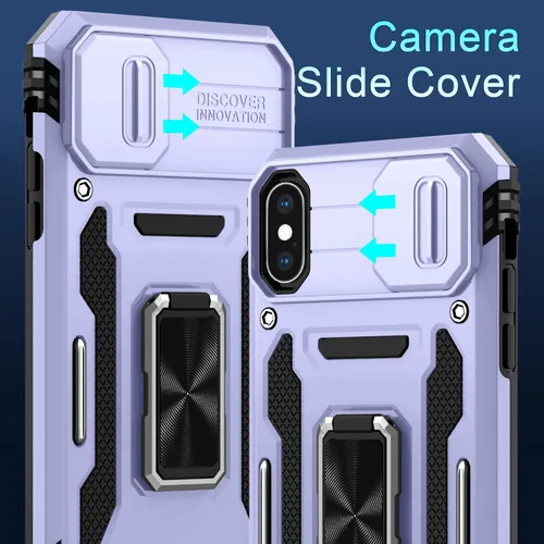 Miniatura 347 de DEERLAMN Funda para iPhone Xs Max con funda deslizante para cámara + protector de pantalla, soporte giratorio de anillo de grado militar a prueba