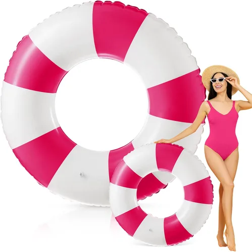 Miniatura 8 de Foilswirl Flotadores inflables jumbo de 47.24 pulgadas para piscina, anillos de piscina a rayas azules y blancas, tubo inflable para mujeres