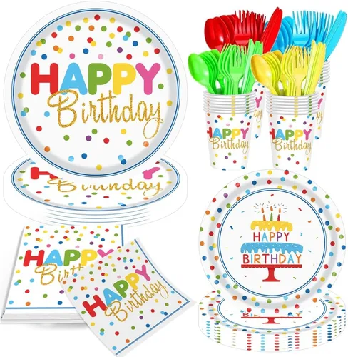 Juego de 140 piezas de suministros para fiesta de cumpleaños con diseño colorido de lunares, incluye platos desechables de cumpleaños y servilletas,