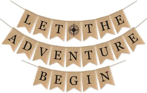 SWYOUN Cartel de arpillera con texto en inglés «Let the Adventure Begin», suministros para fiestas temáticas de viaje, baby shower, graduación,